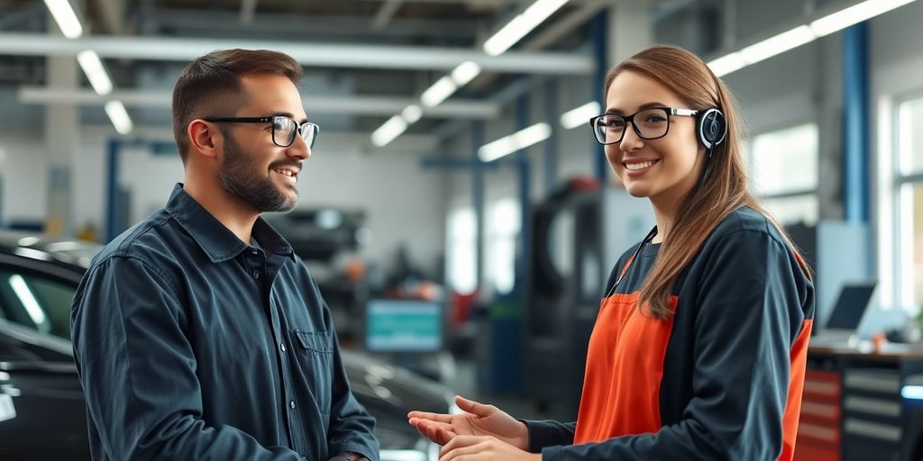 AI receptionist interacting with a car in a repair shop.