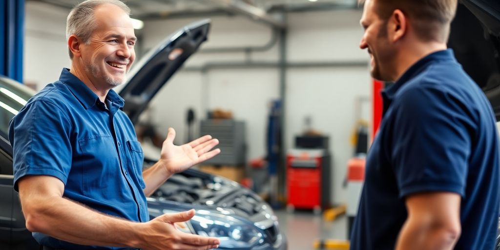 Mechanic talking to a car owner.