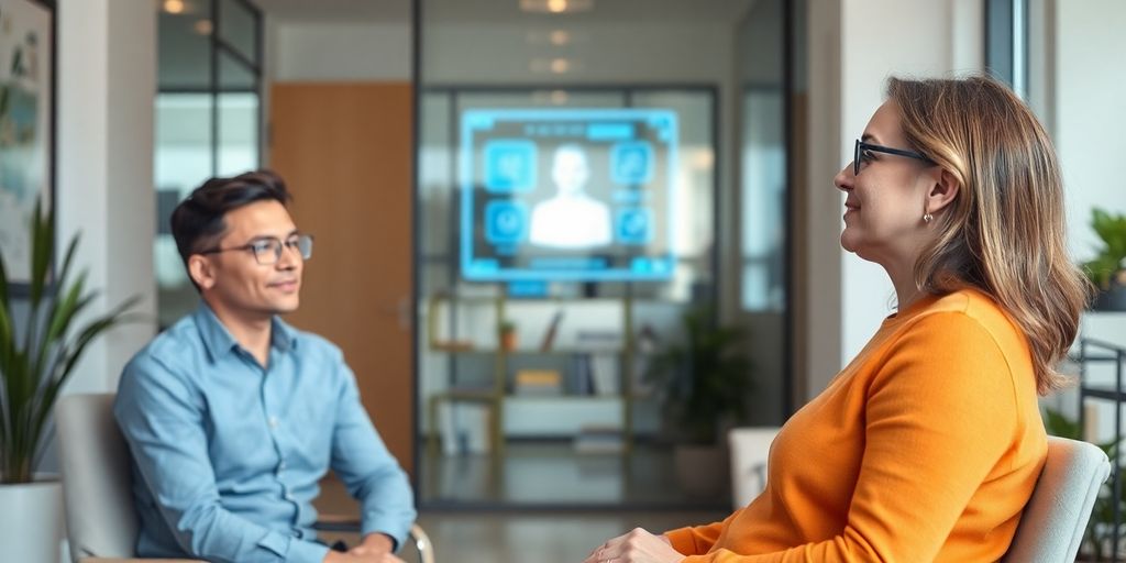 AI receptionist aiding a therapist in a calm office.