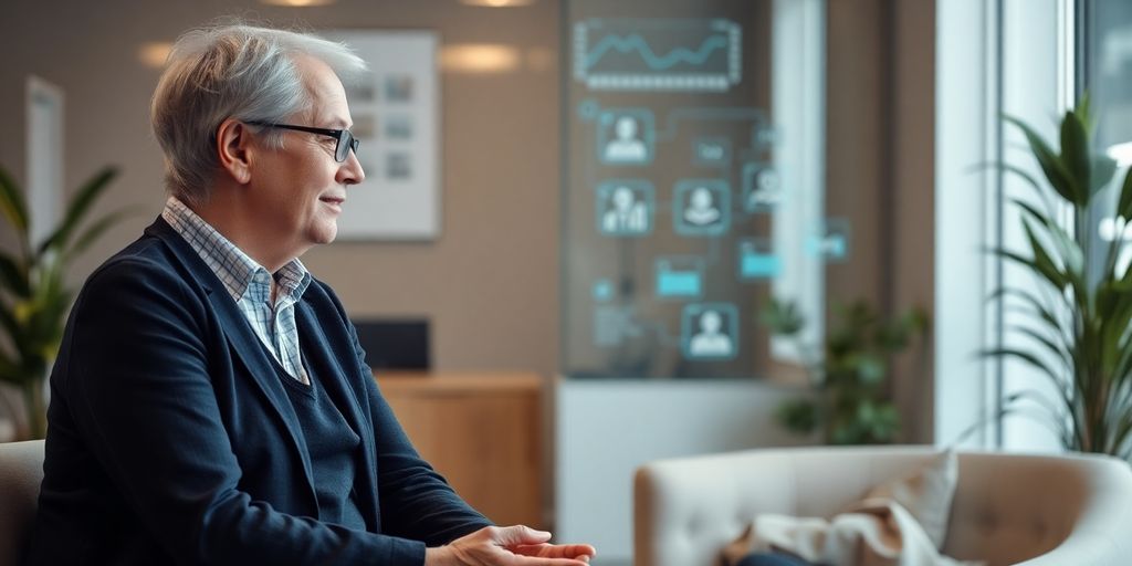 Calm therapist interacts with patient while AI assists with scheduling.