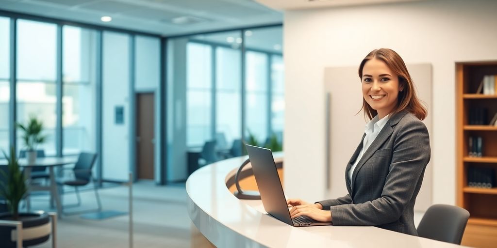 Law office with modern interior and smiling receptionist.