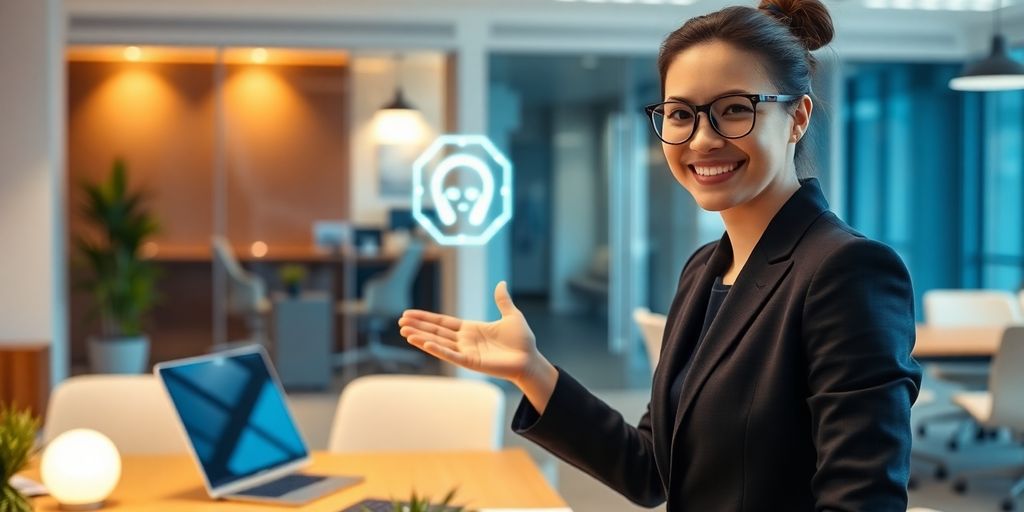 Professional woman smiling, interacting with futuristic AI interface.