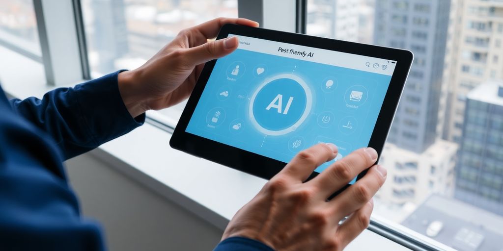 Pest control professional using AI receptionist tablet.