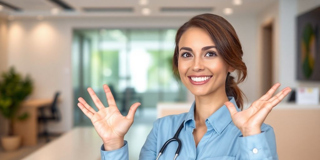 AI receptionist greeting client in office.