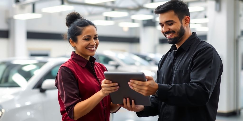 Car wash attendant interacting with AI on a tablet.