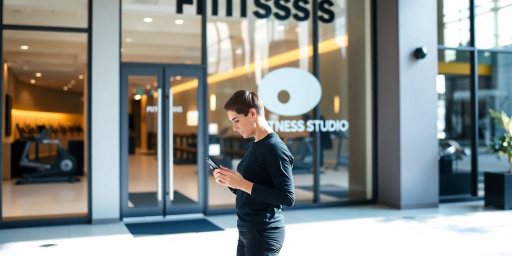 Person near a fitness studio receiving a phone call.
