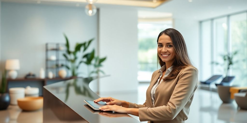Spa receptionist using AI phone system.