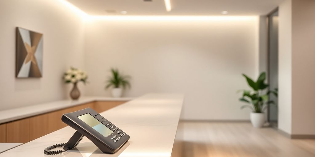 Smiling woman using a spa phone.