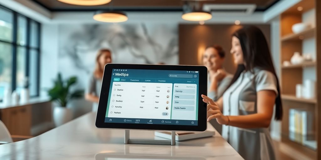 Busy medspa reception with a digital interface.