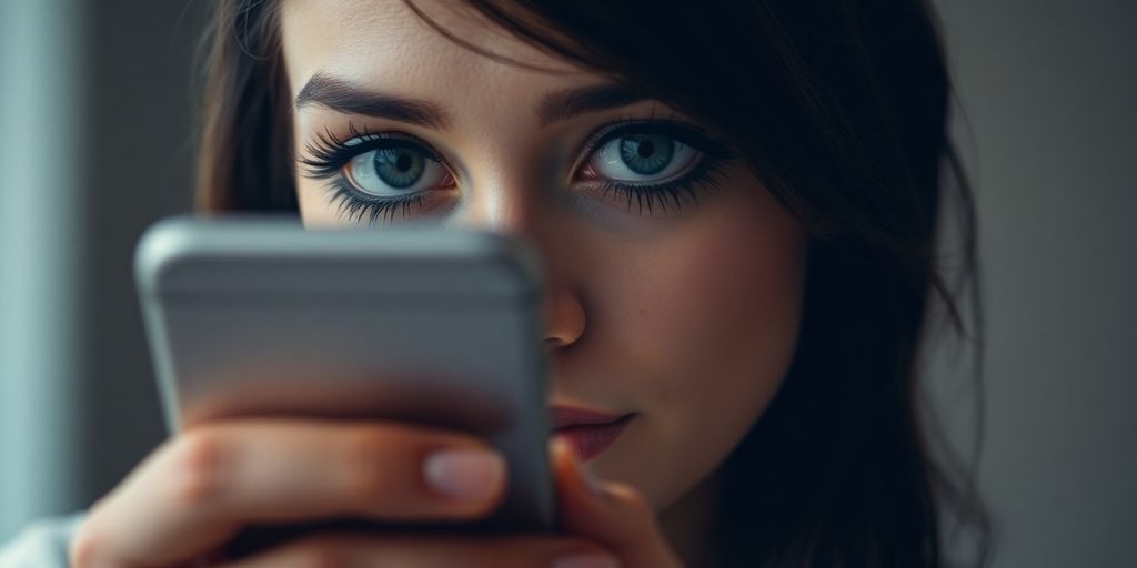 Woman smiling, holding a phone, with beautiful eyelashes.