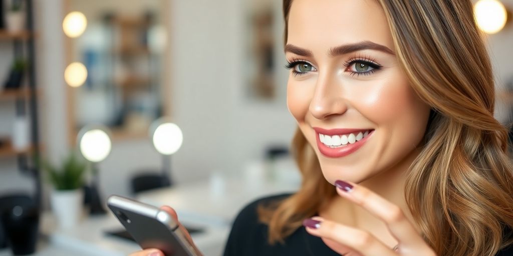 Lash artist with beautiful lashes using a phone.