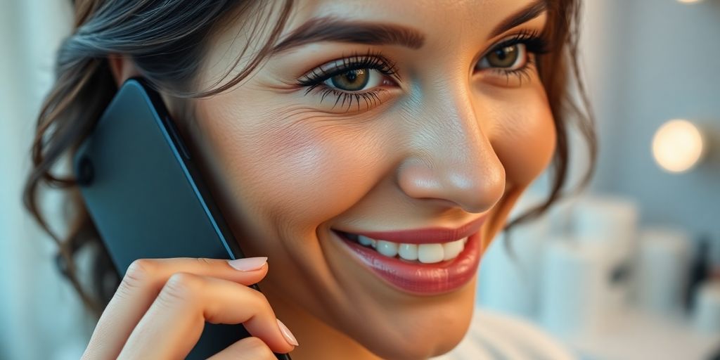 Woman smiling, talking on phone, lashes in background.