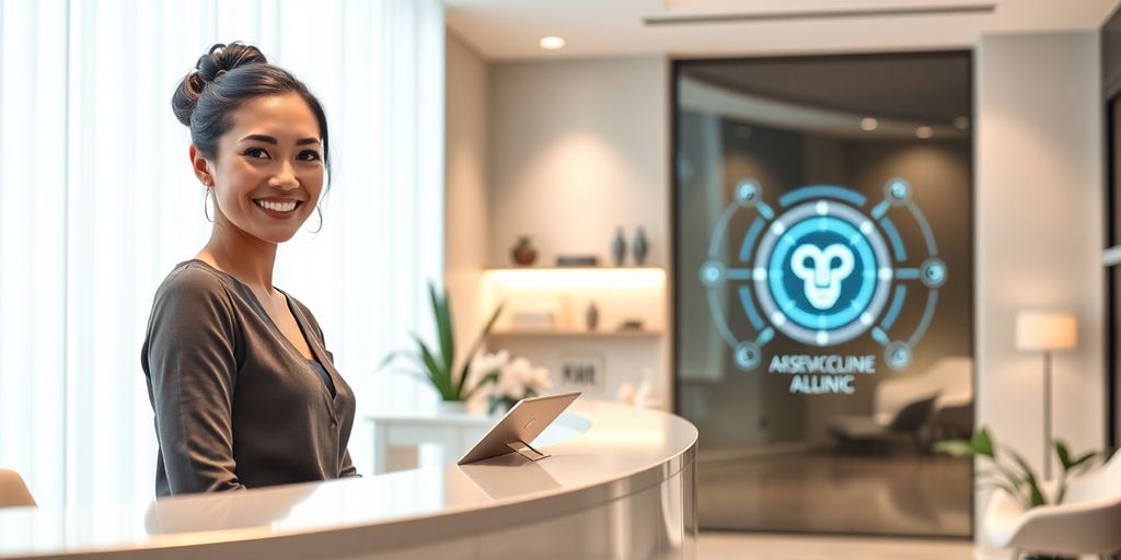 Cosmetic clinic interior with client interacting with AI.