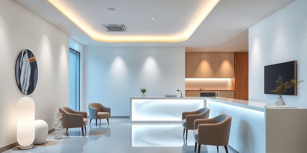 Cosmetic clinic interior with futuristic AI.