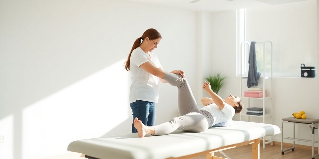 Physiotherapist helping patient, sunny clinic.