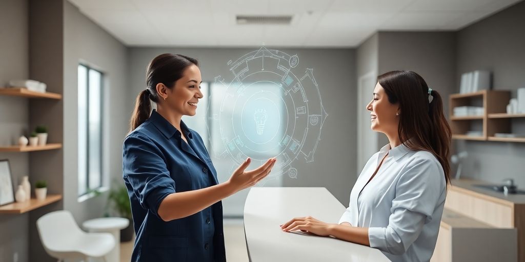 Physiotherapist using AI phone system for clinic efficiency.
