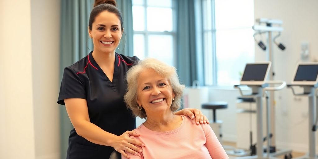Physiotherapy clinic interior with happy patient and therapist.