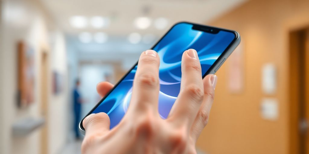 Hand interacting with futuristic phone interface.