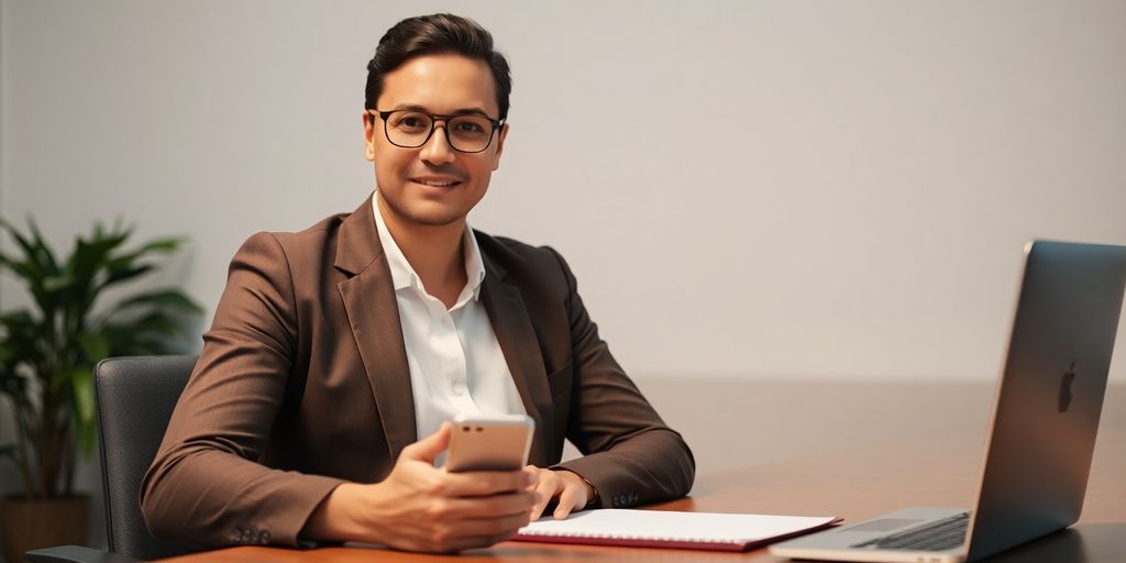 Counselor smiling by desk with phone and AI.