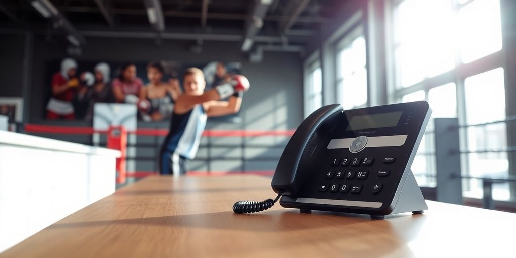 Boxing gym front desk with phone and AI.