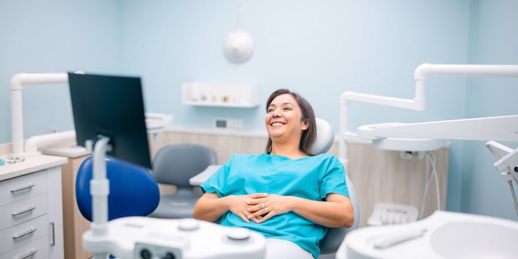 Dentist smiling with patient in a modern dental office.