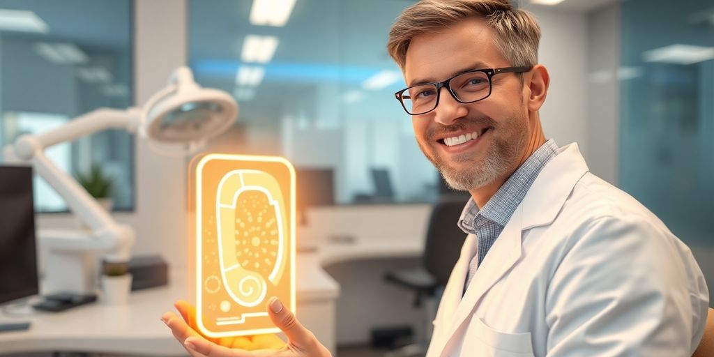 Dentist smiling while using AI phone system.