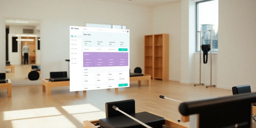 Pilates reformer with AI interface overlay.