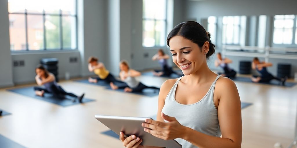 Pilates instructor using a tablet for booking.