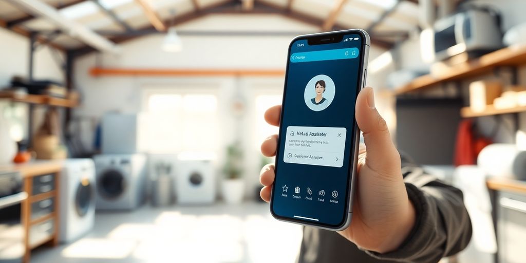Appliance repair technician smiling with AI phone.