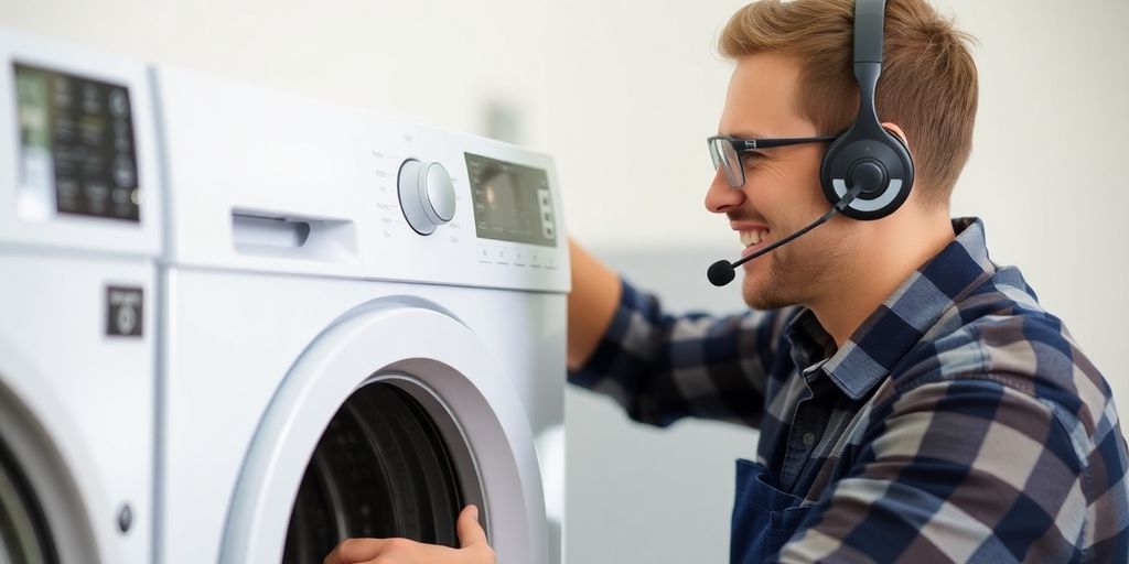 Repairman with AI headset fixing a washing machine.