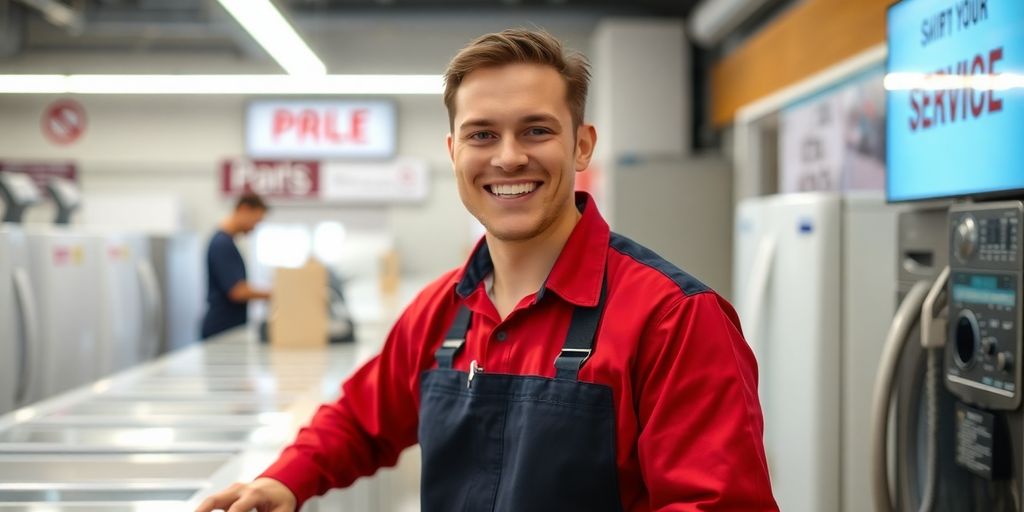 Appliance repair technician smiling near a phone.