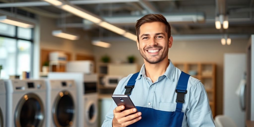Appliance repair technician with a smartphone.