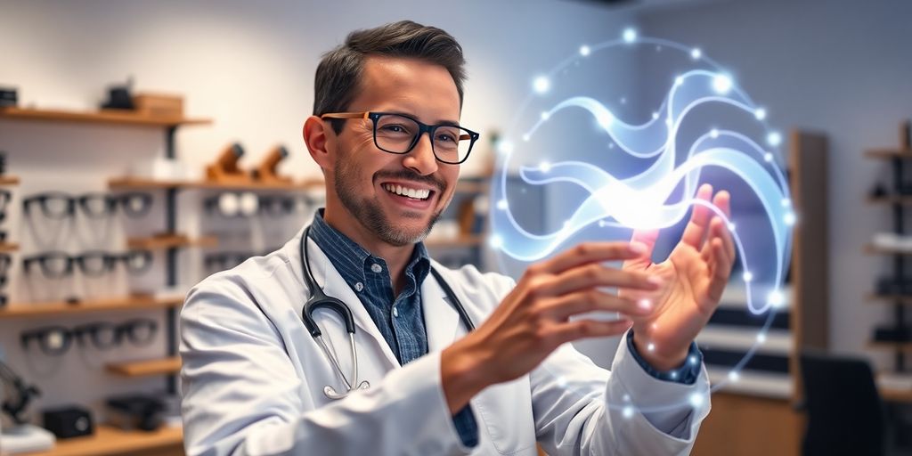 Optometrist using AI phone system for patient care.
