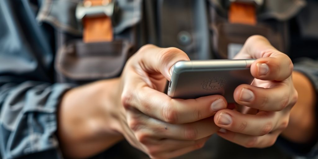 Electrician's hands using a smartphone.