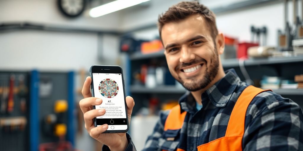 Electrician using AI answering system on phone.