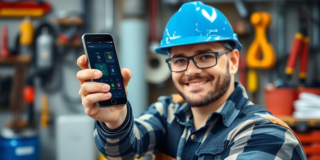 Electrician using AI answering system on phone.