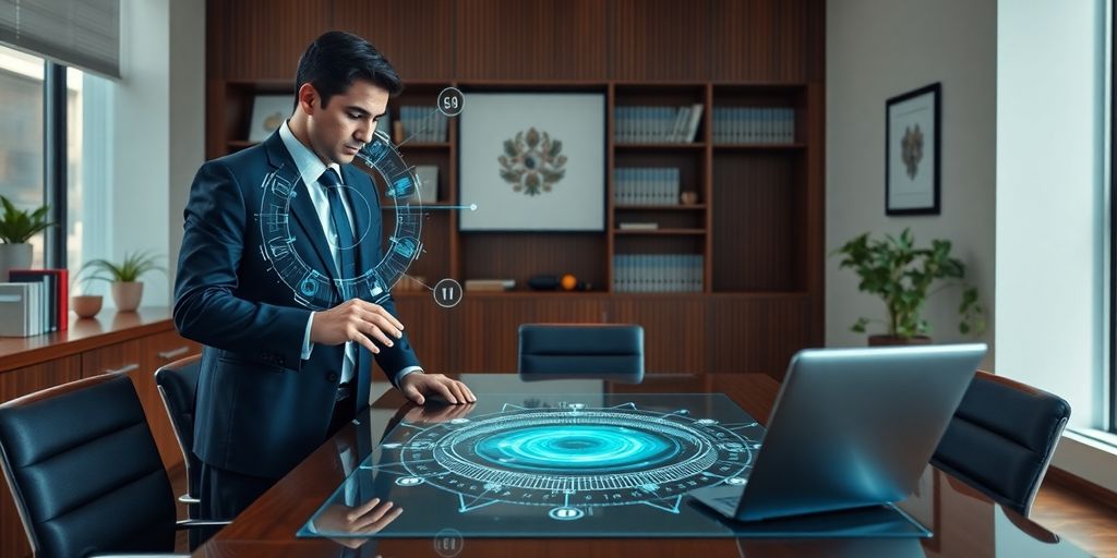 Immigration lawyer at desk with AI interface.