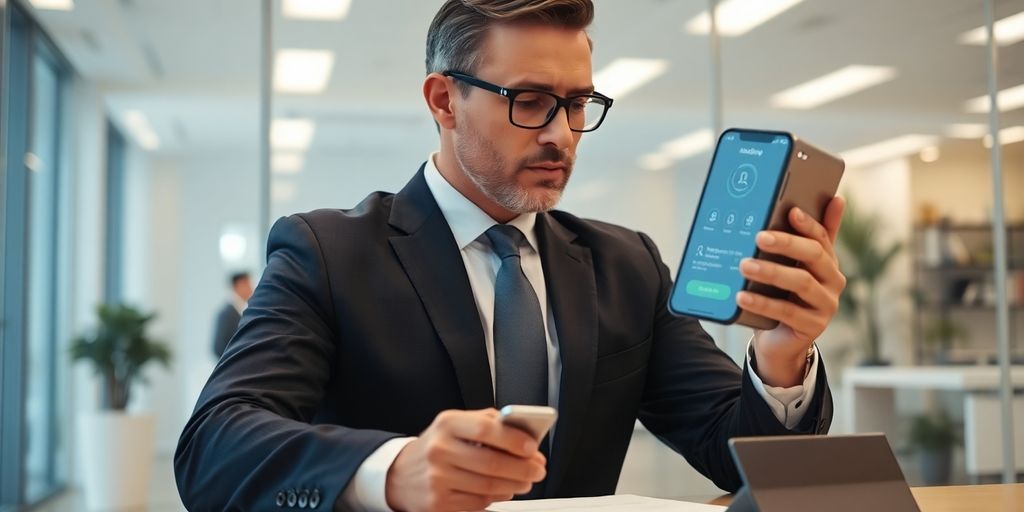 Lawyer using AI phone system on modern desk.
