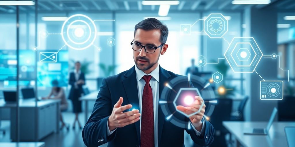 Lawyer using AI phone system in office.