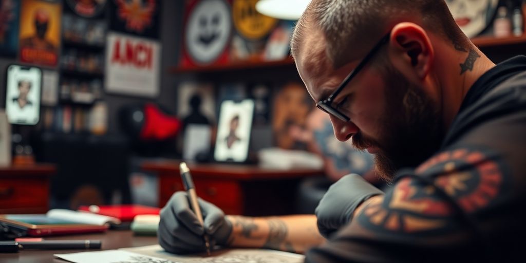 Tattoo artist drawing while phone answers bookings.