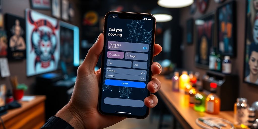 Tattoo artist using AI booking system on phone.
