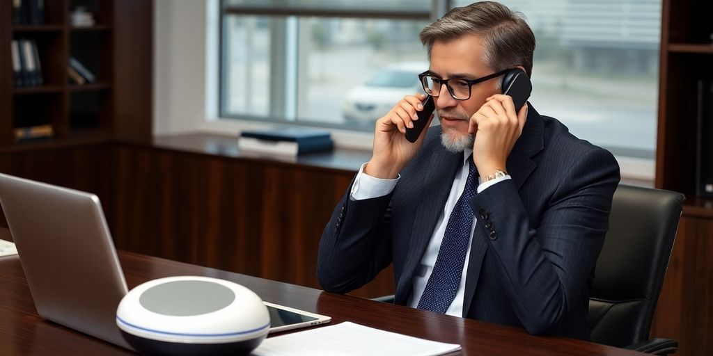 Lawyer speaking on phone, AI assistant in background