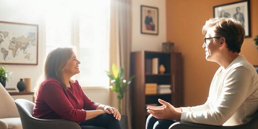 Therapist calmly speaking with a patient.