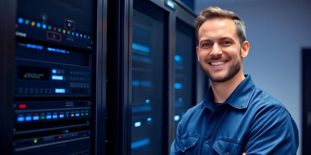 HVAC technician smiling with AI system interface.