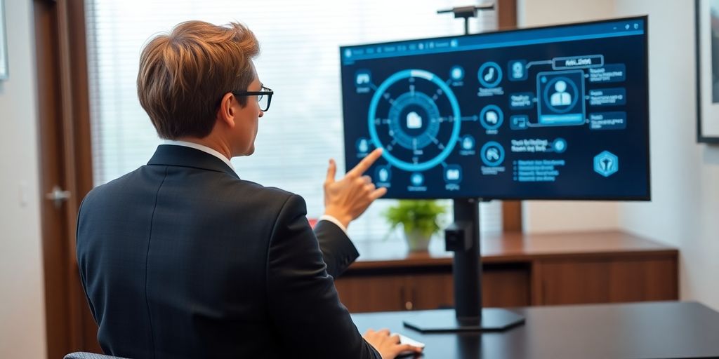 Lawyer using AI phone system for client communication.