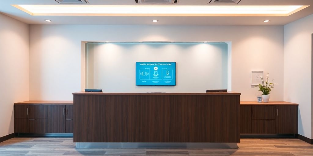 Hearing center desk with AI phone system interface.