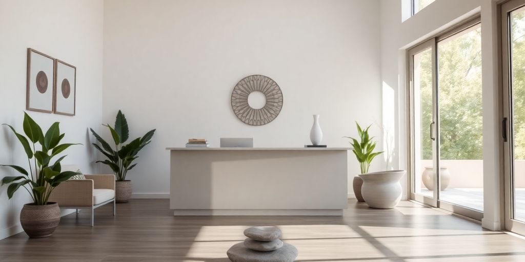 Yoga studio reception with a calm, modern aesthetic.