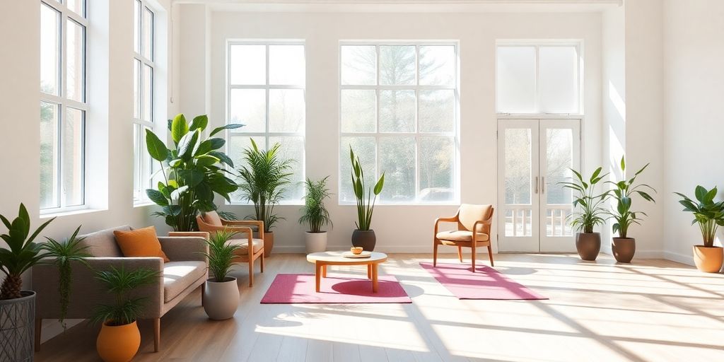 Yoga studio reception with serene ambiance.