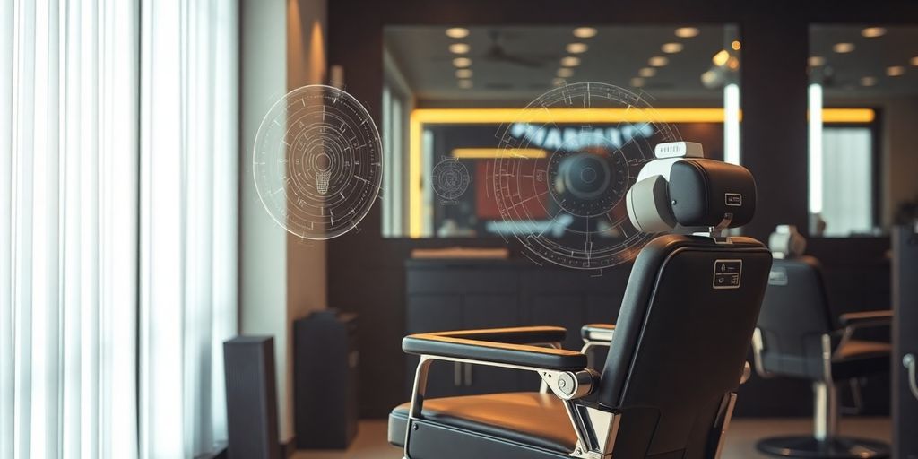 Barber chair with AI interface glowing nearby.