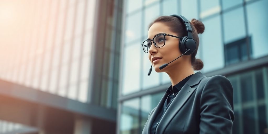 AI assistant headset connecting to a modern office building.